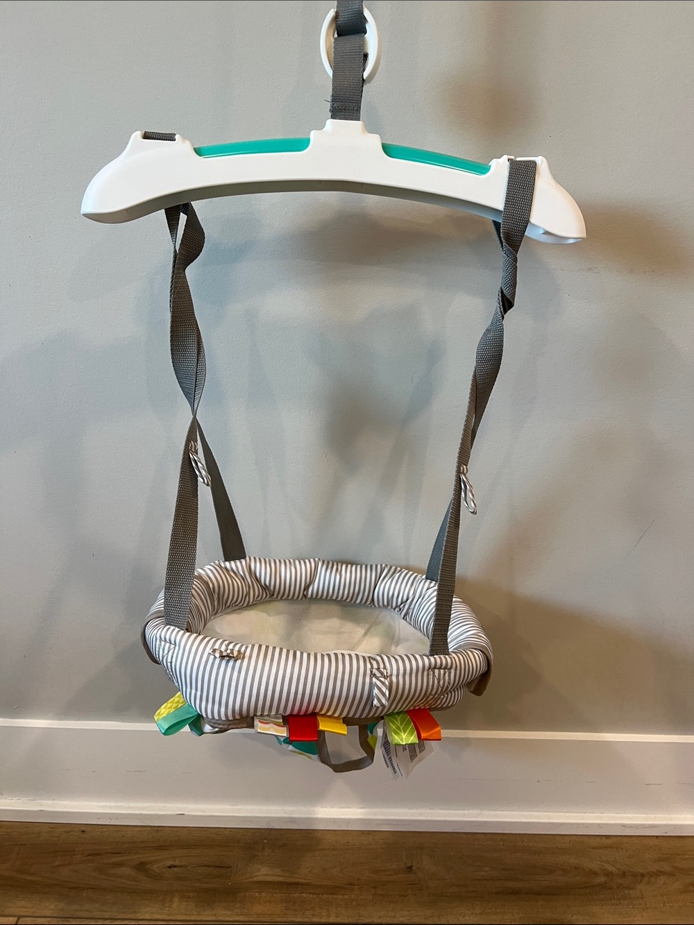 Bright Starts - Striped Gray Baby Door Jumper Activity Seat, like new